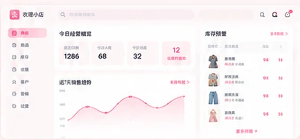 经营概览视觉素材:销售趋势、订单与库存提醒的界面设计示意,非实机截图